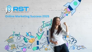 A confident woman in a white shirt stands against a white brick wall decorated with colorful hand-drawn marketing icons, including a rocket and the words &ldquo;I can!&rdquo; and &ldquo;Idea!&rdquo;, alongside the Raleigh SEO Team logo and the text &ldquo;Online Marketing Success 2025.&rdquo;