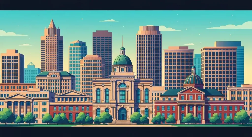 City skyline illustration featuring modern and historic buildings, representing Raleigh, NC, highlighting urban development and digital marketing opportunities.