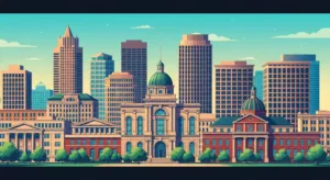 Illustration of Raleigh city skyline featuring modern skyscrapers and historical buildings, representing local business growth and digital marketing potential.