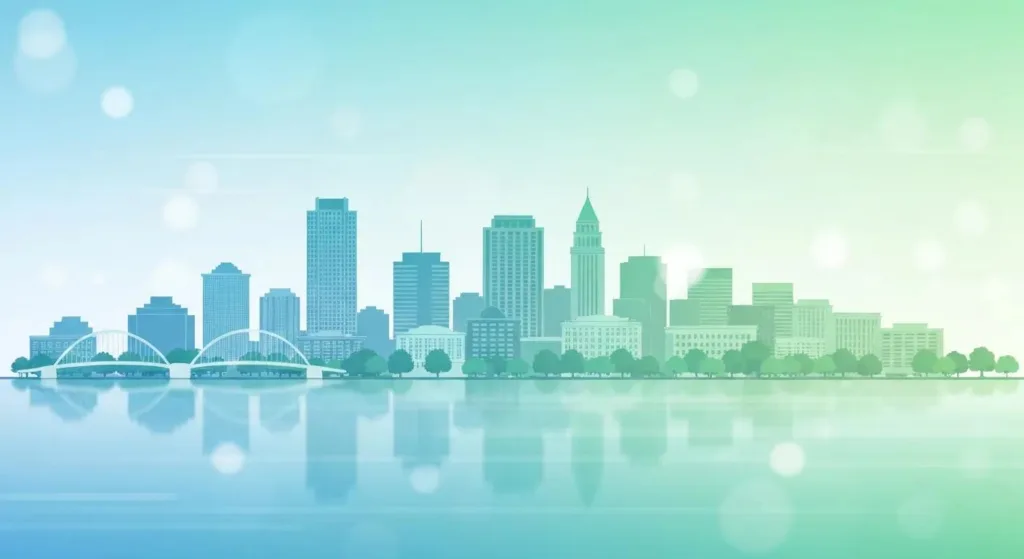 City skyline illustration with modern buildings and a bridge, reflecting on water, symbolizing digital marketing growth and local SEO strategies for Raleigh SEO Team.
