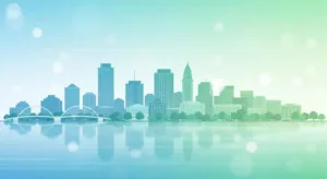 Abstract skyline illustration representing a cityscape with reflections, symbolizing digital marketing and local SEO growth for Raleigh SEO Team.