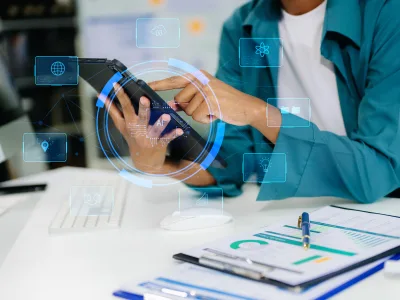 Person interacting with a tablet displaying AI technology features, illustrating smart site capabilities for enhanced user engagement and lead generation.