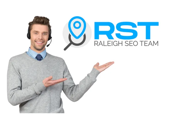 Man in a headset presenting the Raleigh SEO Team logo, symbolizing customer support and digital marketing services for local businesses.