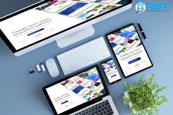 Desktop and mobile devices displaying a web design interface with the text "Create your own beautiful website," showcasing a variety of website templates, emphasizing mobile-friendly design and professional web development services by Raleigh SEO Team.