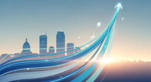 Graphic representation of the Raleigh skyline with upward arrows and flowing lines, symbolizing growth and enhanced online visibility for local businesses using reputation marketing.