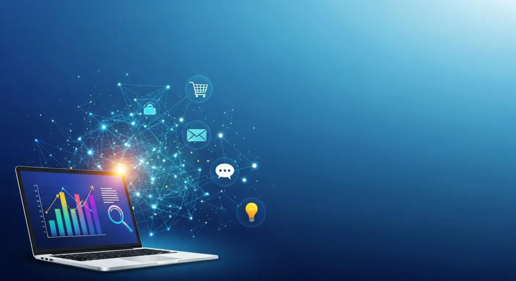 Laptop displaying a colorful growth chart and digital marketing icons, representing data-driven insights and online strategies for small businesses.